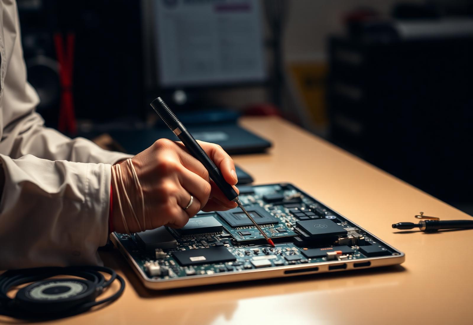 Technician carrying out a laptop repair at a workbench